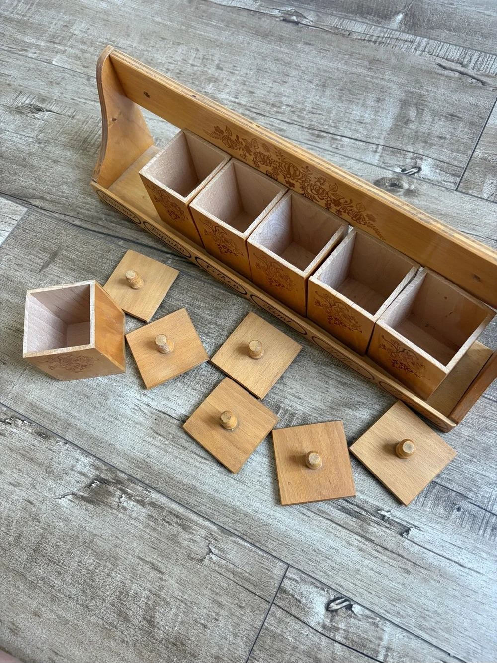 Vintage German Wooden Spice Rack with Lidded Jars - Natural Wood